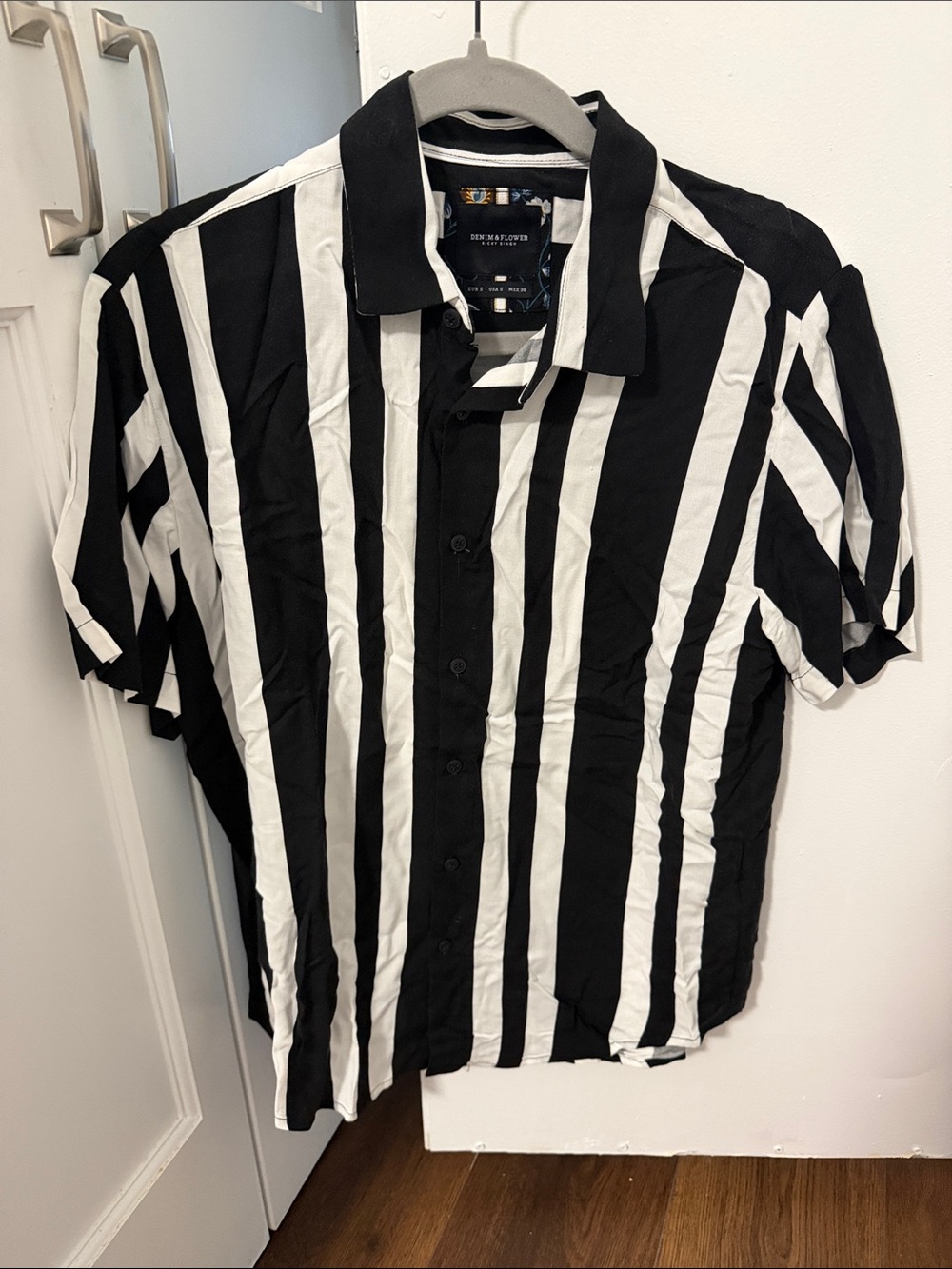 Denim & Flower Black and White Vertical Stripe Short Sleeve Shirt
